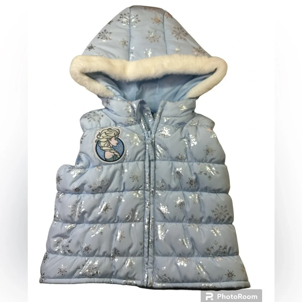 Disney Kids Light Blue Frozen Puffer Hooded Winter Vest Size 2